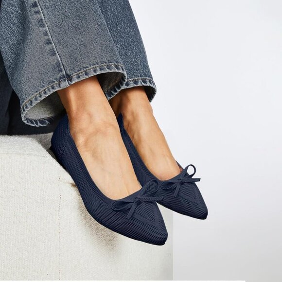 🆕Women Navy Knit Pointed Toe Bow Ballet Flats Comfortable Dressy Slip On Shoes - Picture 6 of 6